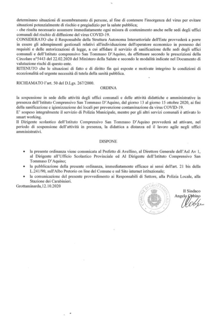 Ordinanza del Sindaco di Grottaminarda