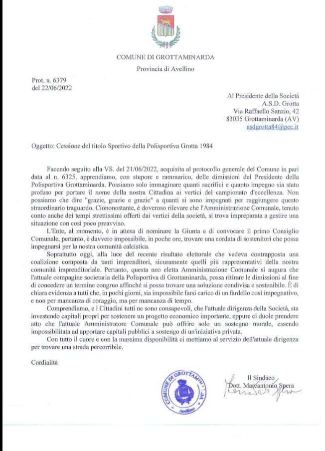 La lettera scritta dal Sindaco di Grottaminarda riguardo la gestione della polisportiva