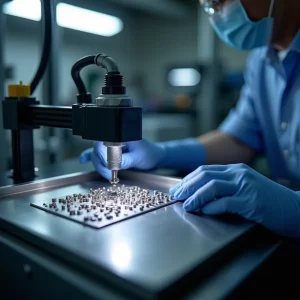 Tecnico controlla la pulizia di piccoli particolari metallici prima della marcatura laser