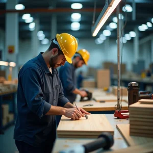 Operatori in linea industriale mentre usano avvitatore, chiodatrice e graffatrice con focus su postura ed ergonomia